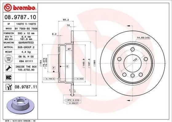Торзмозной диск двухсторонний на задний мост полный(невентилируемый) 5 BREMBO 08.9787.11 (фото 1)