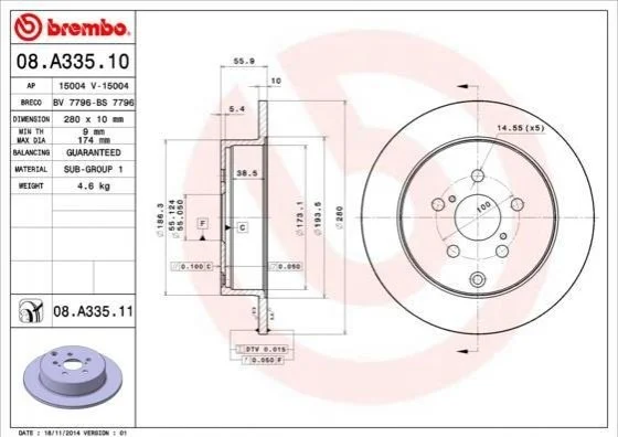 Торзмозной диск двухсторонний на задний мост полный(невентилируемый) 5 BREMBO 08.A335.10 (фото 1)