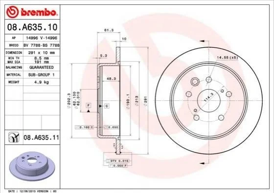 Торзмозной диск двухсторонний на задний мост полный(невентилируемый) 5 BREMBO 08.A635.11 (фото 1)