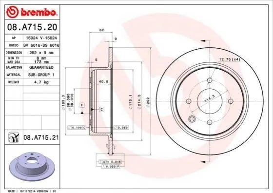 Диск тормозной BREMBO 08.A715.20 (фото 1)