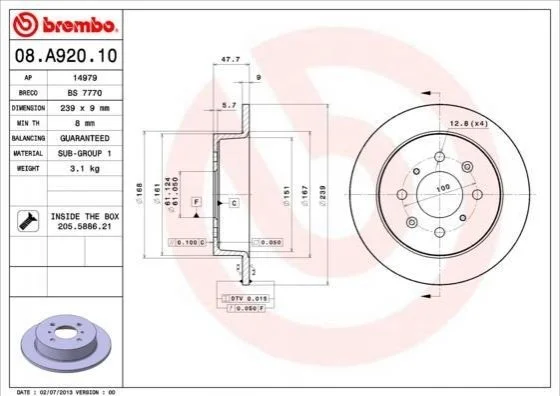 Торзмозной диск двухсторонний на задний мост полный(невентилируемый) 4 BREMBO 08.A920.10 (фото 1)