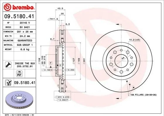 Гальмівний диск двосторонній на передній міст вентильований 5 BREMBO 09.5180.41 (фото 1)