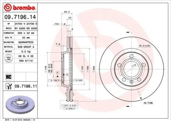 Торзмозной диск двухсторонний на передний мост вентилируемый 5 BREMBO 09.7196.11 (фото 1)