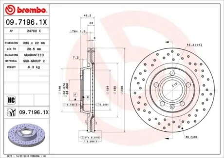 Торзмозной диск двухсторонний на передний мост вентилируемый 5 BREMBO 09.7196.1X