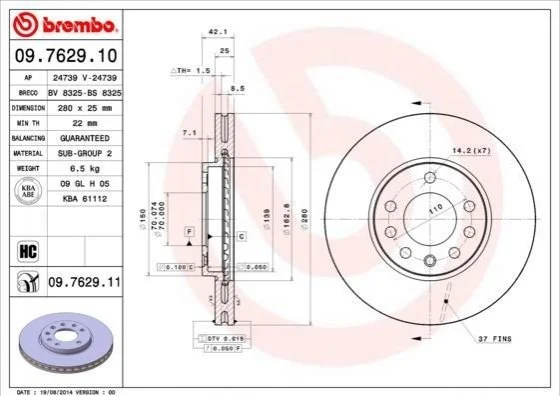 Гальмівний диск двосторонній на передній міст вентильований 7 BREMBO 09.7629.10 (фото 1)