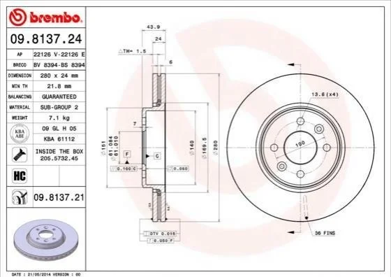 Торзмозной диск двухсторонний на передний мост вентилируемый 4 BREMBO 09.8137.24 (фото 1)