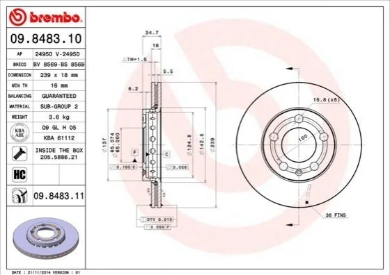 Гальмівний диск двосторонній на передній міст вентильований 5 BREMBO 09.8483.11 (фото 1)