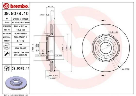 Гальмівний диск двосторонній на передній міст вентильований 4 BREMBO 09.9078.10 (фото 1)