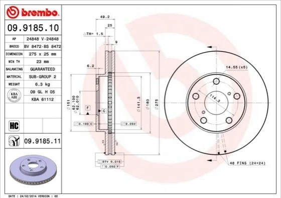Торзмозной диск двухсторонний на передний мост вентилируемый 5 BREMBO 09.9185.10 (фото 1)