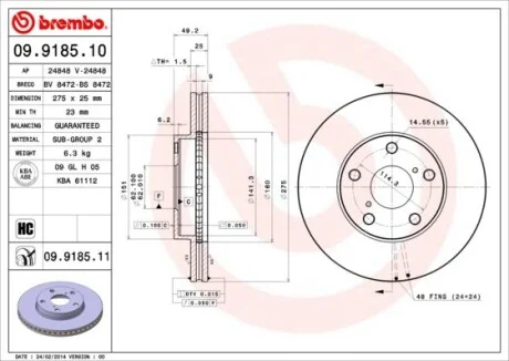 Торзмозной диск двухсторонний на передний мост вентилируемый 5 BREMBO 09.9185.10