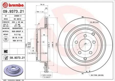 Гальмівний диск двосторонній на задній міст вентильований 5 BREMBO 09.9373.21 (фото 1)