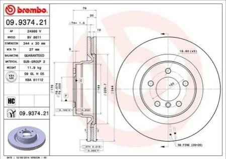 Гальмівний диск двосторонній на передній міст вентильований 5 BREMBO 09.9374.21 (фото 1)