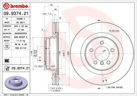 Гальмівний диск двосторонній на передній міст вентильований 5 BREMBO 09.9374.21
