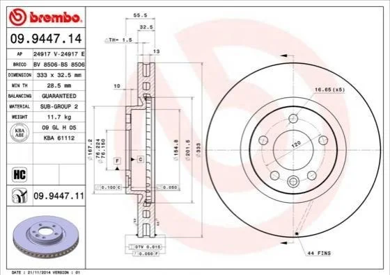 Торзмозной диск двухсторонний на передний мост вентилируемый 5 BREMBO 09.9447.11 (фото 1)