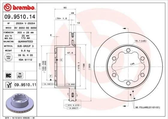 Гальмівний диск двосторонній на задній міст вентильований 6 BREMBO 09.9510.14 (фото 1)