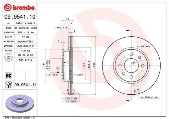 Гальмівний диск двосторонній на передній міст вентильований 4 BREMBO 09.9541.10 (фото 1)