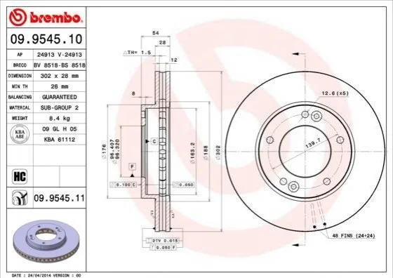 Гальмівний диск двосторонній на передній міст вентильований 5 BREMBO 09.9545.10 (фото 1)