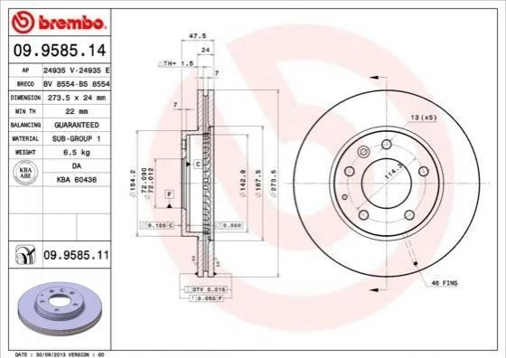 Торзмозной диск двухсторонний на передний мост вентилируемый 5 BREMBO 09.9585.11 (фото 1)