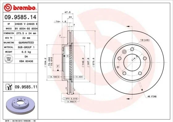 Торзмозной диск двухсторонний на передний мост вентилируемый 5 BREMBO 09.9585.14 (фото 1)