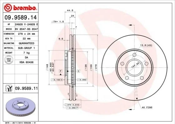 Гальмівний диск двосторонній на передній міст вентильований 5 BREMBO 09.9589.14 (фото 1)