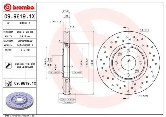 Гальмівний диск двосторонній на передній міст вентильований 4 BREMBO 09.9619.1X (фото 1)
