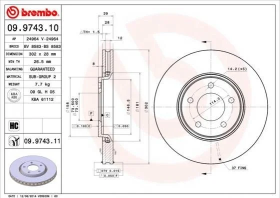 Торзмозной диск двухсторонний на передний мост вентилируемый 5 BREMBO 09.9743.11 (фото 1)