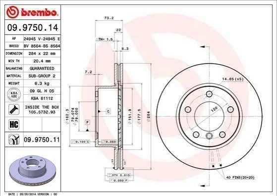 Гальмівний диск двосторонній на передній міст вентильований 5 BREMBO 09.9750.11 (фото 1)