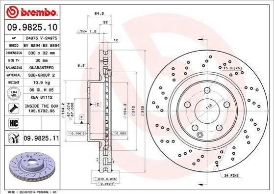 Гальмівний диск двосторонній на передній міст вентильований 5 BREMBO 09.9825.11 (фото 1)