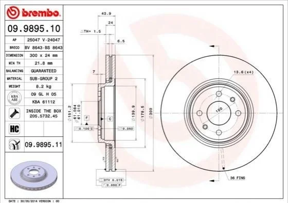 Торзмозной диск двухсторонний на передний мост вентилируемый 4 BREMBO 09.9895.10 (фото 1)