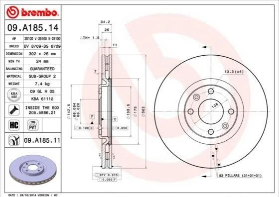 Гальмівний диск двосторонній на передній міст вентильований 4 BREMBO 09.A185.14 (фото 1)