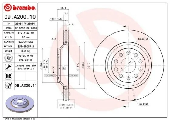 Торзмозной диск двухсторонний на задний мост вентилируемый 9 BREMBO 09.A200.11 (фото 1)