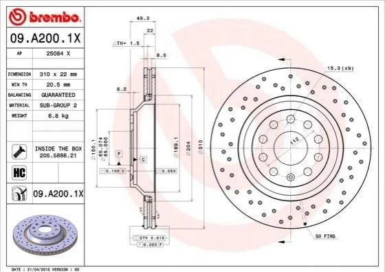 Торзмозной диск двухсторонний на задний мост полный(невентилируемый) 5 BREMBO 09.A200.1X (фото 1)