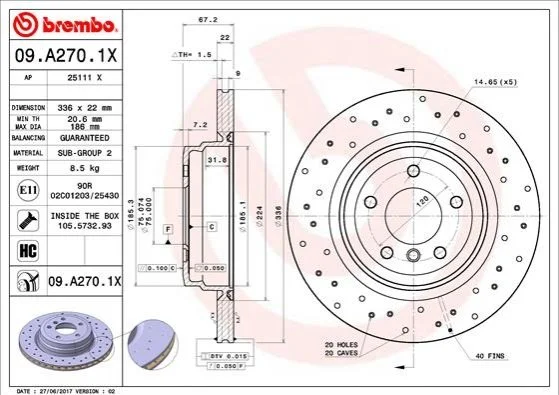 Гальмівний диск двосторонній на задній міст вентильований 5 BREMBO 09.A270.1X (фото 1)