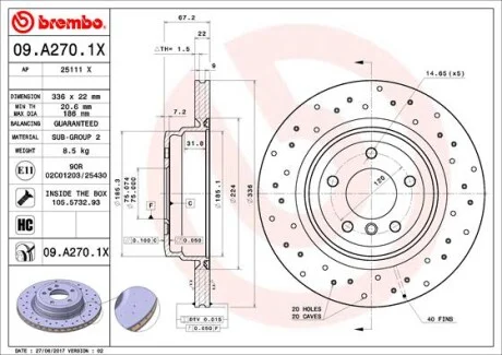 Гальмівний диск двосторонній на задній міст вентильований 5 BREMBO 09.A270.1X