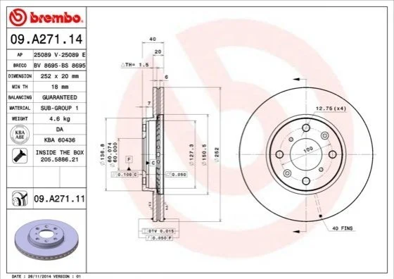 Гальмівний диск двосторонній на передній міст вентильований 4 BREMBO 09.A271.14 (фото 1)