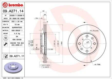 Гальмівний диск двосторонній на передній міст вентильований 4 BREMBO 09.A271.14