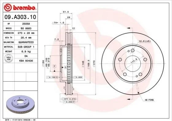 Торзмозной диск двухсторонний на передний мост вентилируемый 5 BREMBO 09.A303.10 (фото 1)