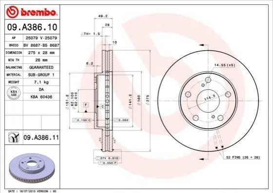 Торзмозной диск двухсторонний на передний мост вентилируемый 5 BREMBO 09.A386.11 (фото 1)