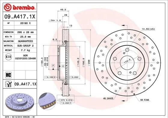 Торзмозной диск двухсторонний на передний мост вентилируемый 5 BREMBO 09.A417.1X (фото 1)