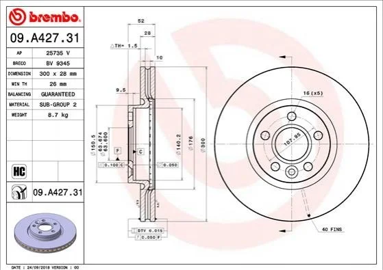 Гальмівний диск двосторонній на передній міст вентильований 5 BREMBO 09.A427.31 (фото 1)