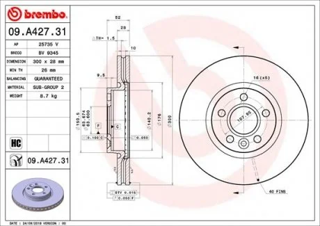 Торзмозной диск двухсторонний на передний мост вентилируемый 5 BREMBO 09.A427.31