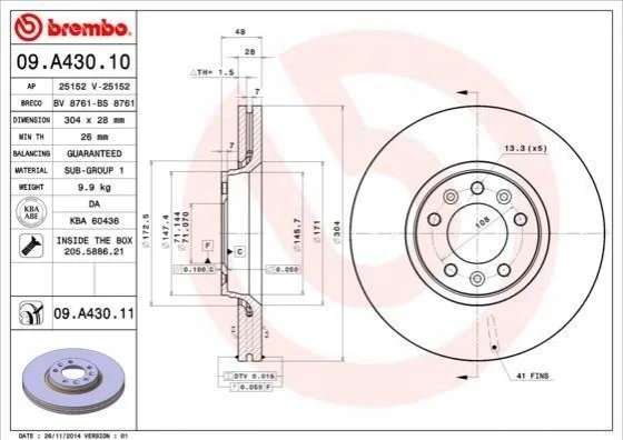 Гальмівний диск двосторонній на передній міст вентильований 5 BREMBO 09.A430.10 (фото 1)