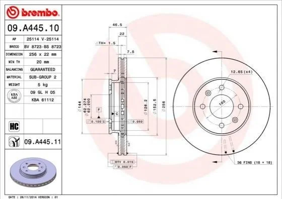 Торзмозной диск двухсторонний на передний мост вентилируемый 5 BREMBO 09.A445.10 (фото 1)