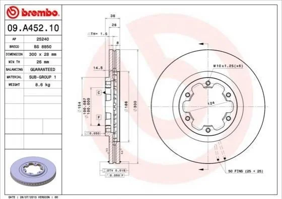 Торзмозной диск двухсторонний на передний мост вентилируемый 6 BREMBO 09.A452.10 (фото 1)
