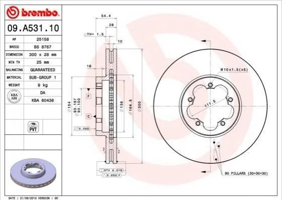 Гальмівний диск двосторонній на передній міст вентильований 5 BREMBO 09.A531.10 (фото 1)