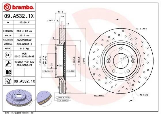 Гальмівний диск двосторонній на передній міст вентильований 5 BREMBO 09.A532.1X (фото 1)