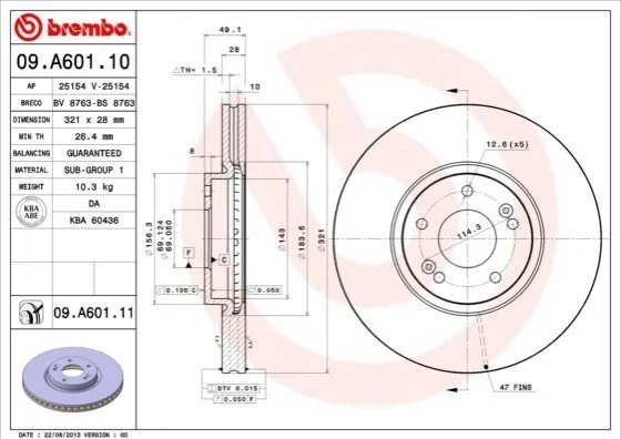 Торзмозной диск двухсторонний на передний мост вентилируемый 5 BREMBO 09.A601.10 (фото 1)