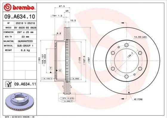 Торзмозной диск двухсторонний на передний мост вентилируемый 6 BREMBO 09.A634.10 (фото 1)