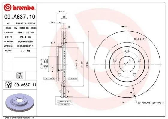 Гальмівний диск двосторонній на передній міст вентильований 5 BREMBO 09.A637.10 (фото 1)