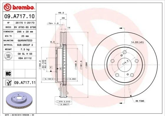 Гальмівний диск двосторонній на передній міст вентильований 5 BREMBO 09.A717.11 (фото 1)